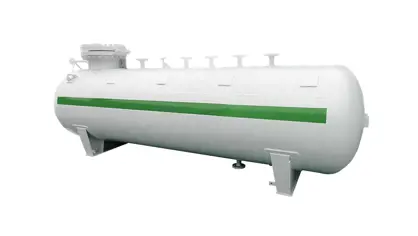 White stationary tank with green stripe