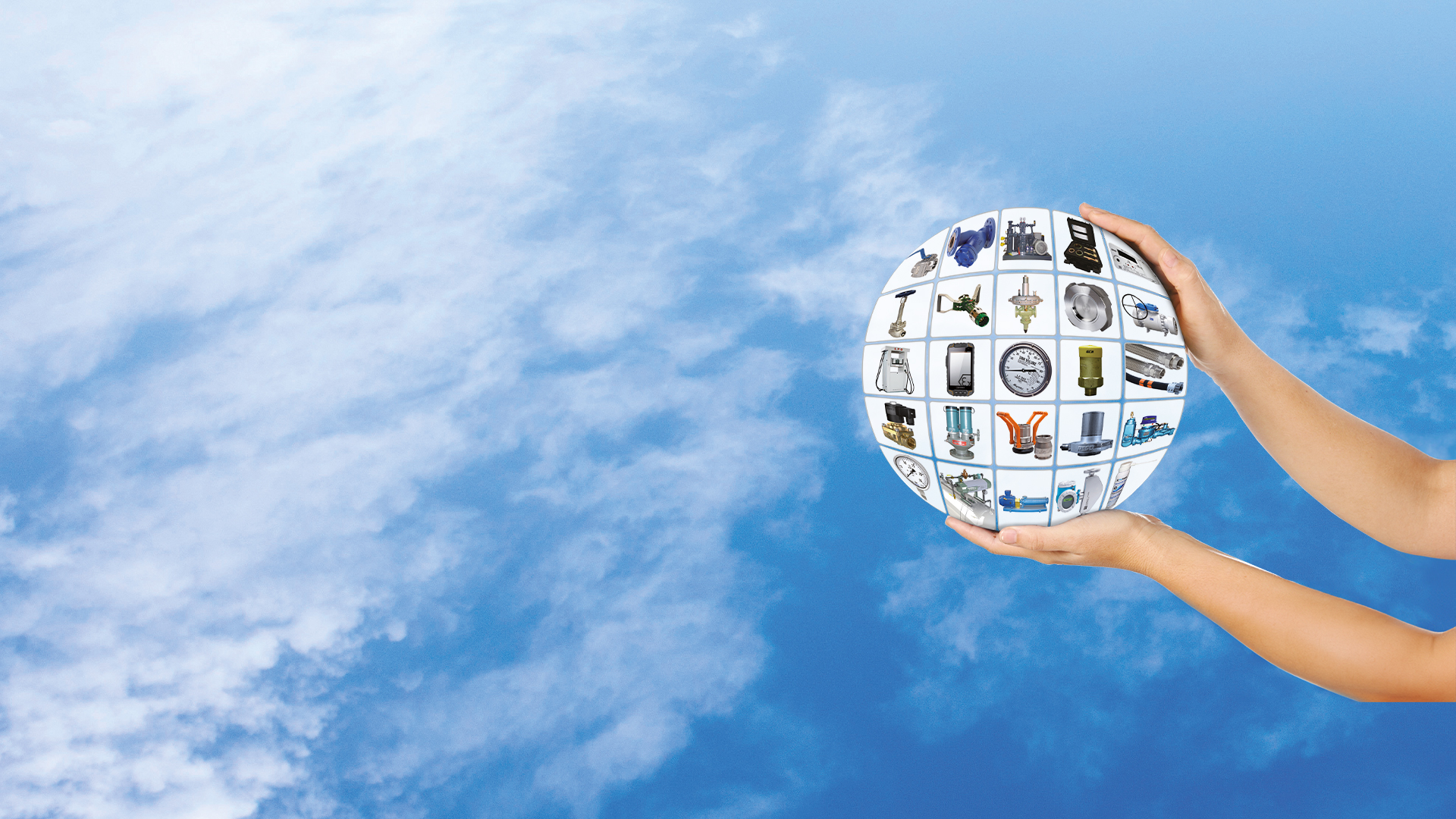 Hands holding a globe of products